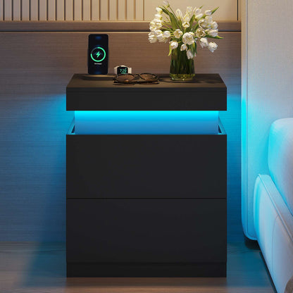 ADORNEVE Nightstand with Charging Station and LED Lights Bedroom Bedside Table with Sliding Top and Drawers Bedroom