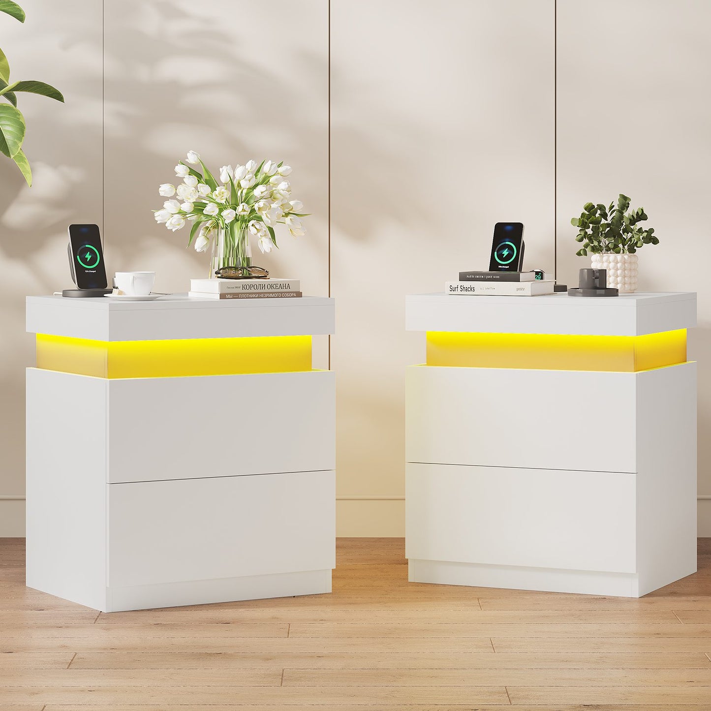 ADORNEVE Nightstand with Charging Station and LED Lights Bedroom Bedside Table with Sliding Top and Drawers Bedroom