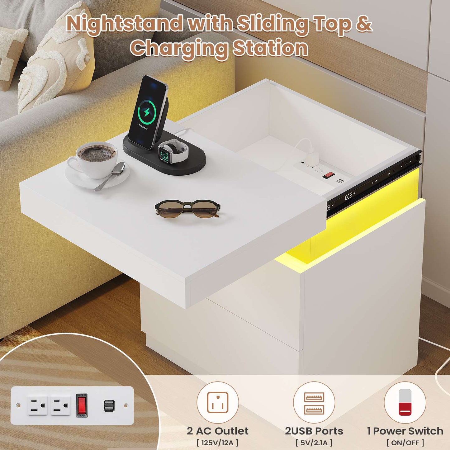 ADORNEVE Nightstand with Charging Station and LED Lights Bedroom Bedside Table with Sliding Top and Drawers Bedroom