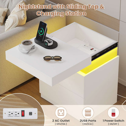 ADORNEVE Nightstand with Charging Station and LED Lights Bedroom Bedside Table with Sliding Top and Drawers Bedroom