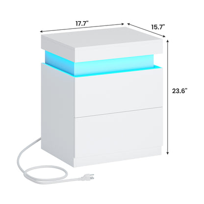 ADORNEVE Nightstand with Charging Station and LED Lights Bedroom Bedside Table with Sliding Top and Drawers Bedroom