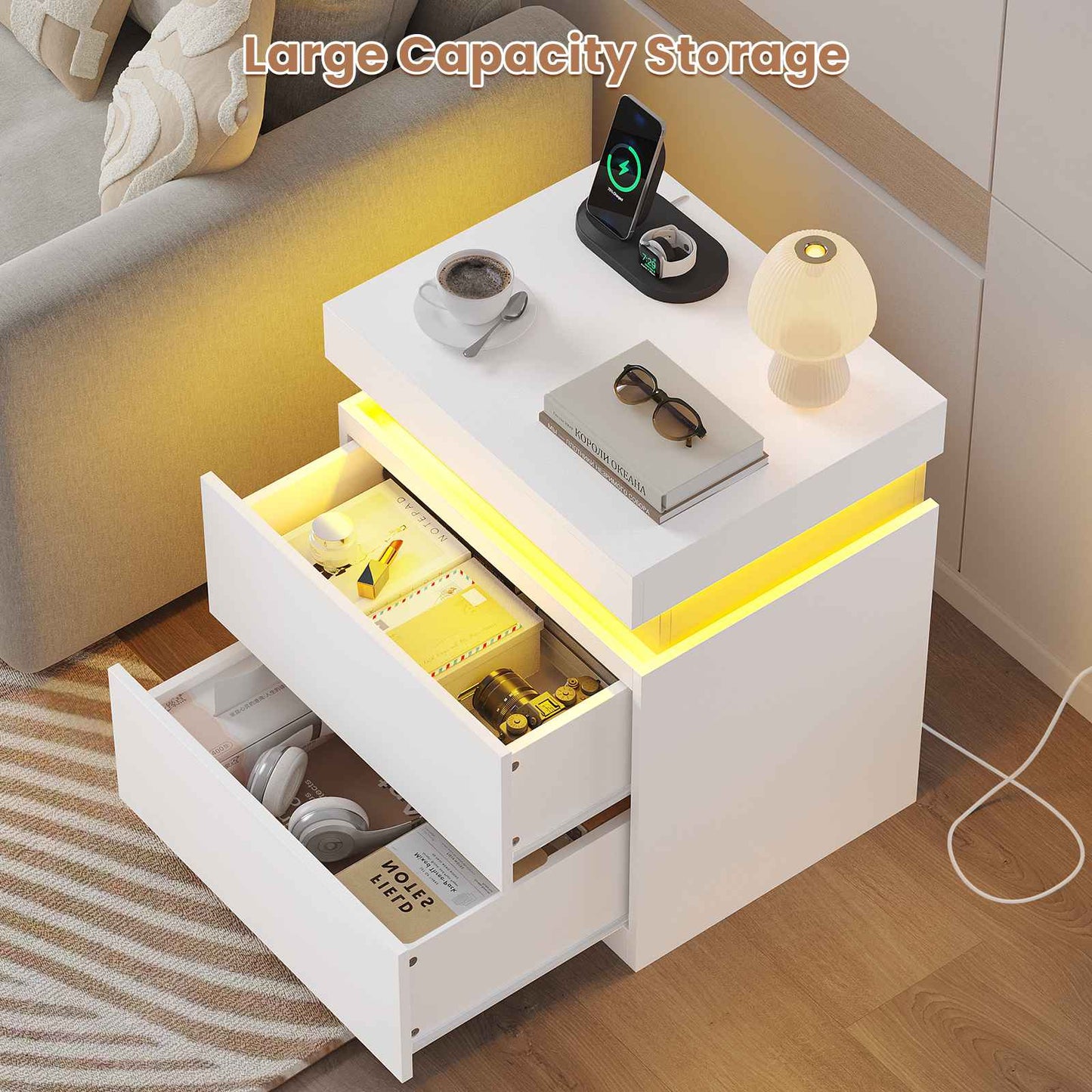 ADORNEVE Nightstand with Charging Station and LED Lights Bedroom Bedside Table with Sliding Top and Drawers Bedroom