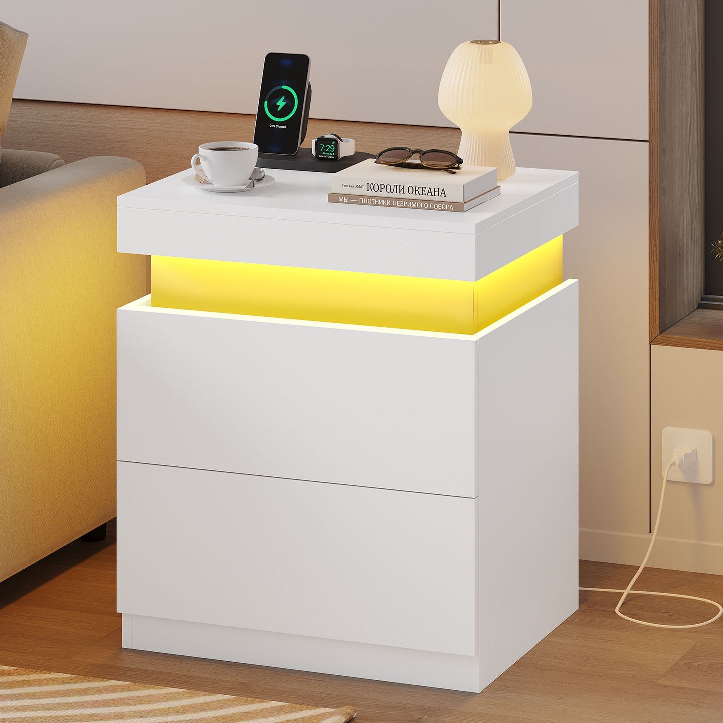 ADORNEVE Nightstand with Charging Station and LED Lights Bedroom Bedside Table with Sliding Top and Drawers Bedroom