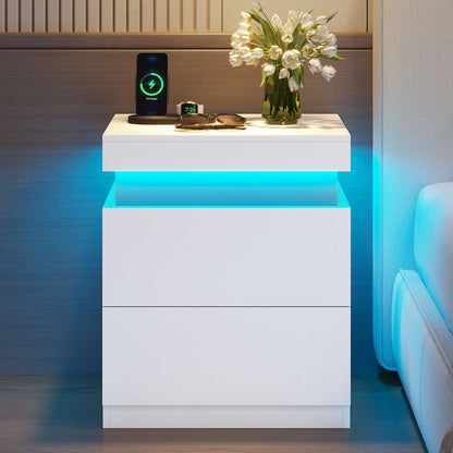 ADORNEVE Nightstand with Charging Station and LED Lights Bedroom Bedside Table with Sliding Top and Drawers Bedroom
