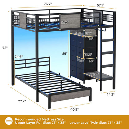 ADORNEVE Full Over Twin Bunk Bed with 8 Storage Drawers and Led Lights Metal Kids Loft Bed with Shelves and Safety Guardrail