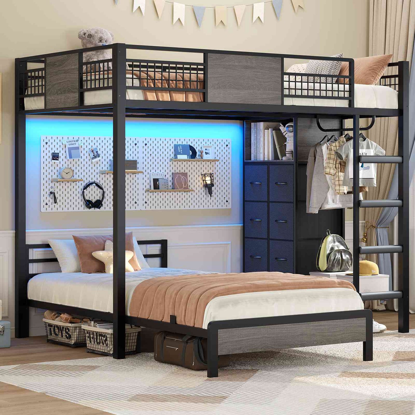 ADORNEVE Full Over Twin Bunk Bed with 8 Storage Drawers and Led Lights Metal Kids Loft Bed with Shelves and Safety Guardrail
