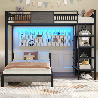 ADORNEVE Full Over Twin Bunk Bed with 8 Storage Drawers and Led Lights Metal Kids Loft Bed with Shelves and Safety Guardrail