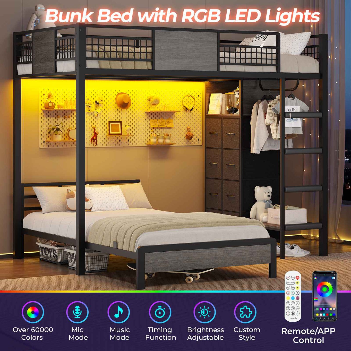 ADORNEVE Full Over Twin Bunk Bed with 8 Storage Drawers and Led Lights Metal Kids Loft Bed with Shelves and Safety Guardrail