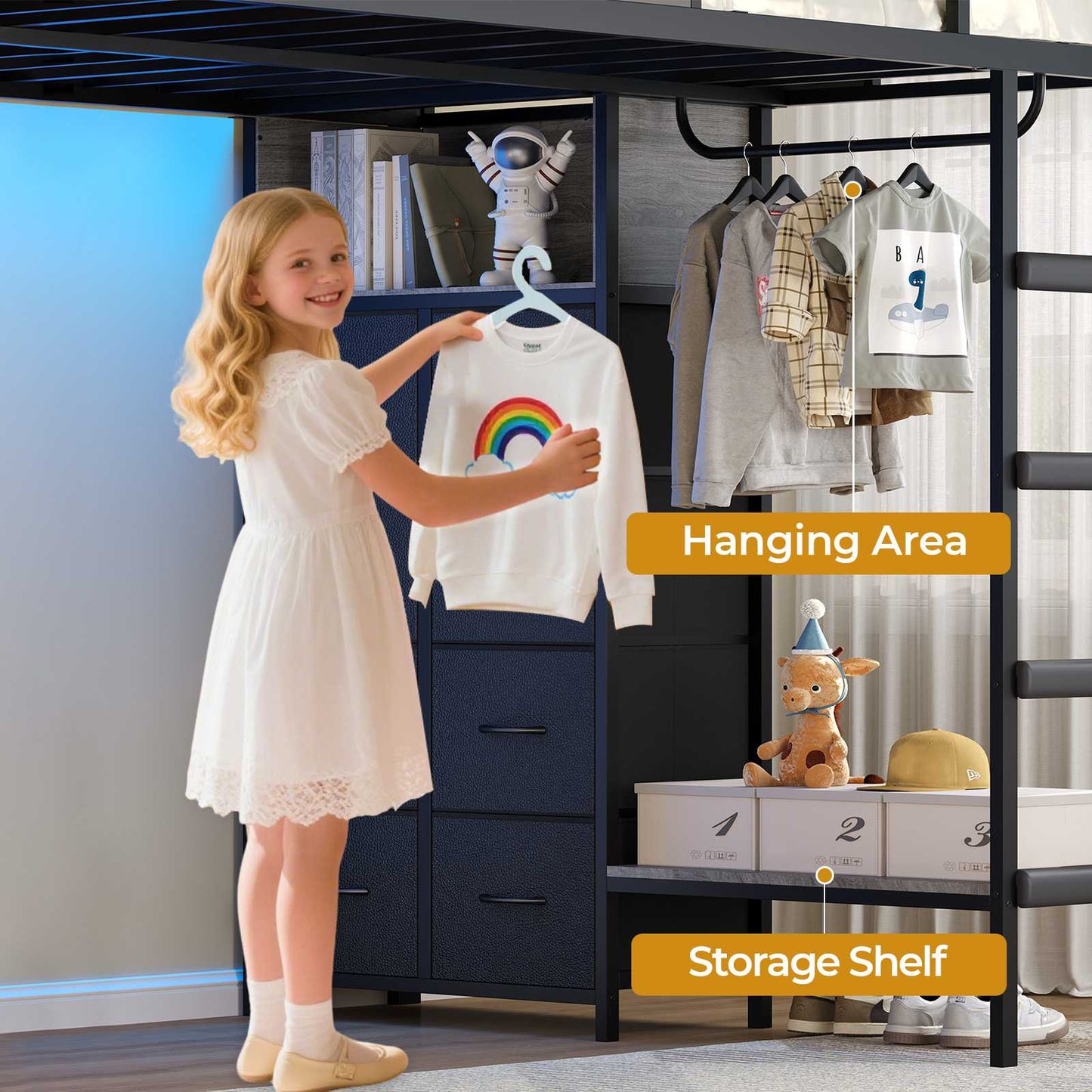 ADORNEVE Full Over Twin Bunk Bed with 8 Storage Drawers and Led Lights Metal Kids Loft Bed with Shelves and Safety Guardrail