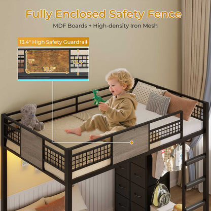 ADORNEVE Full Over Twin Bunk Bed with 8 Storage Drawers and Led Lights Metal Kids Loft Bed with Shelves and Safety Guardrail
