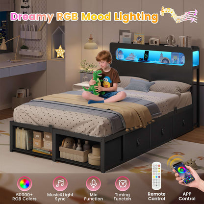ADORNEVE Bed Frame Twin Size with 6 Storage Drawers and 2-Tier LED Headboard Kids Bed with Power Outlets and 2 Footboard Cubbies