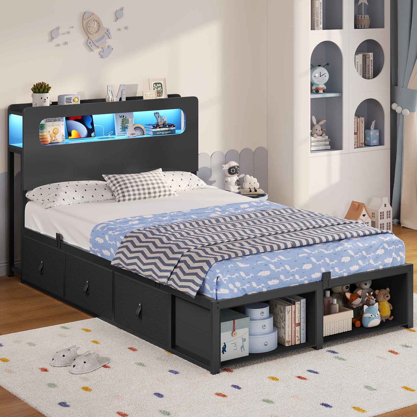 ADORNEVE Bed Frame Twin Size with 6 Storage Drawers and 2-Tier LED Headboard Kids Bed with Power Outlets and 2 Footboard Cubbies