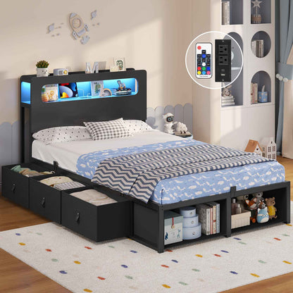 ADORNEVE Bed Frame Twin Size with 6 Storage Drawers and 2-Tier LED Headboard Kids Bed with Power Outlets and 2 Footboard Cubbies