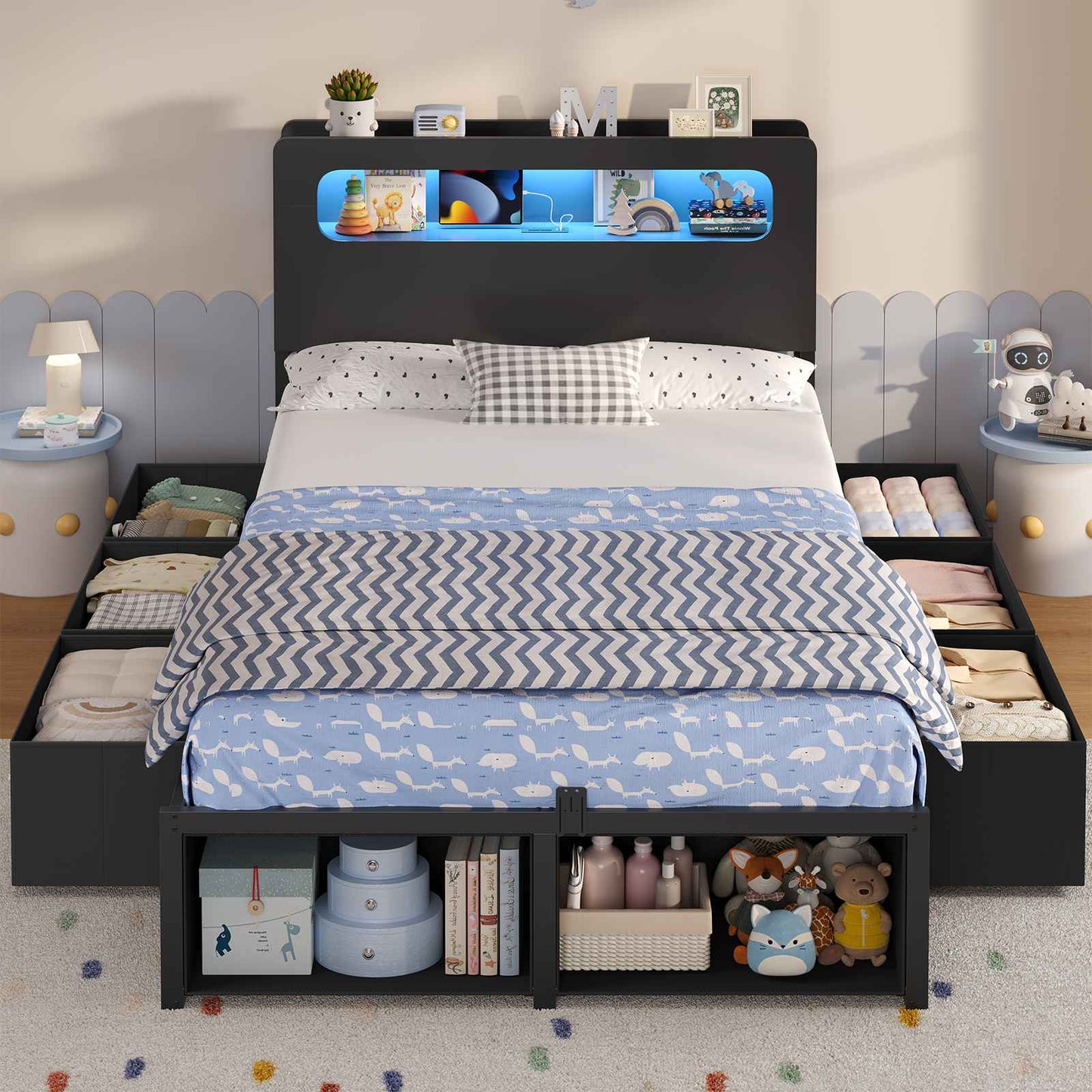 ADORNEVE Bed Frame Twin Size with 6 Storage Drawers and 2-Tier LED Headboard Kids Bed with Power Outlets and 2 Footboard Cubbies
