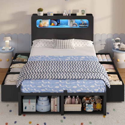 ADORNEVE Bed Frame Twin Size with 6 Storage Drawers and 2-Tier LED Headboard Kids Bed with Power Outlets and 2 Footboard Cubbies