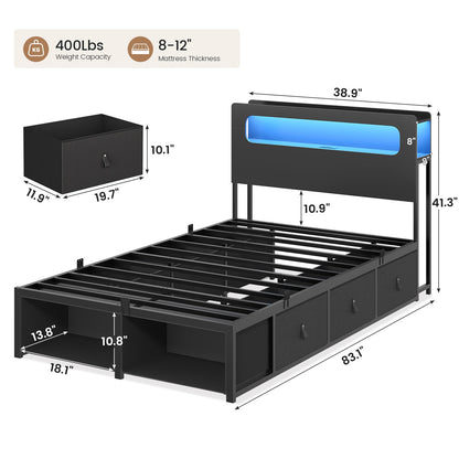 ADORNEVE Bed Frame Twin Size with 6 Storage Drawers and 2-Tier LED Headboard Kids Bed with Power Outlets and 2 Footboard Cubbies