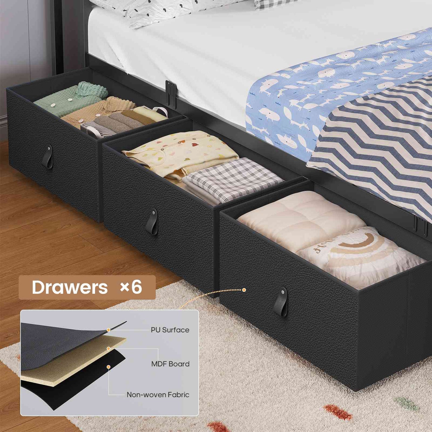 ADORNEVE Bed Frame Twin Size with 6 Storage Drawers and 2-Tier LED Headboard Kids Bed with Power Outlets and 2 Footboard Cubbies