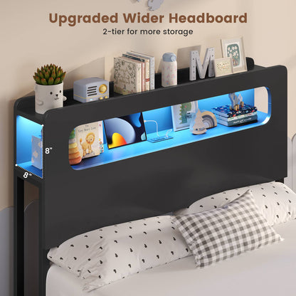 ADORNEVE Bed Frame Twin Size with 6 Storage Drawers and 2-Tier LED Headboard Kids Bed with Power Outlets and 2 Footboard Cubbies