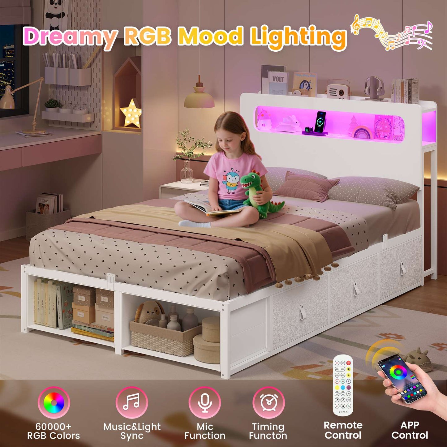 ADORNEVE Bed Frame Twin Size with 6 Storage Drawers and 2-Tier LED Headboard Kids Bed with Power Outlets and 2 Footboard Cubbies