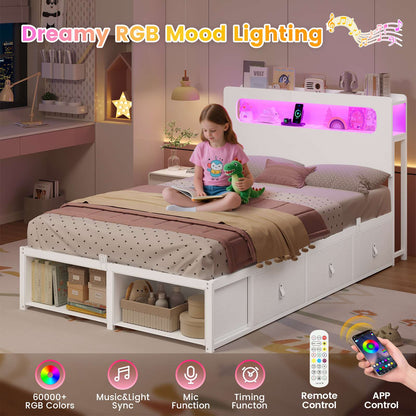 ADORNEVE Bed Frame Twin Size with 6 Storage Drawers and 2-Tier LED Headboard Kids Bed with Power Outlets and 2 Footboard Cubbies
