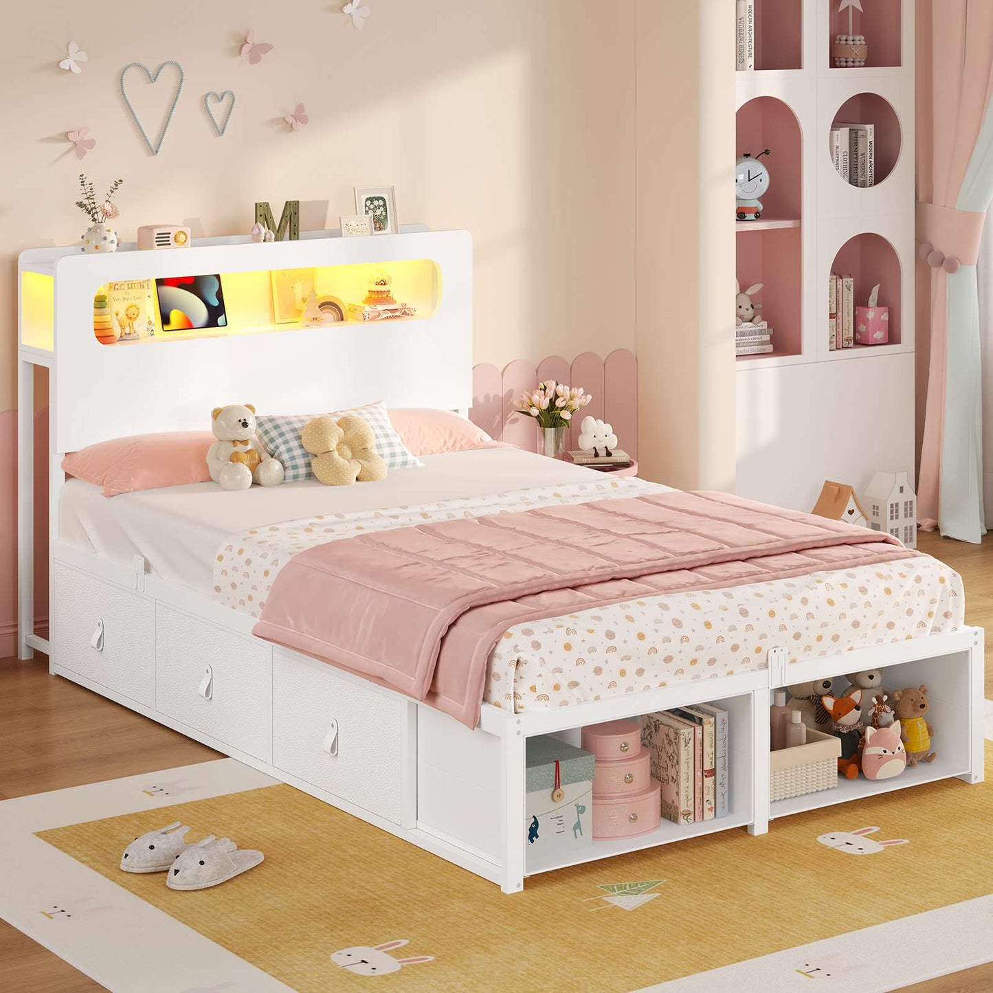 ADORNEVE Bed Frame Twin Size with 6 Storage Drawers and 2-Tier LED Headboard Kids Bed with Power Outlets and 2 Footboard Cubbies