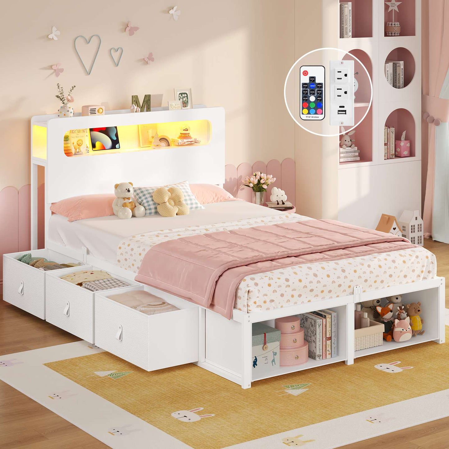 ADORNEVE Bed Frame Twin Size with 6 Storage Drawers and 2-Tier LED Headboard Kids Bed with Power Outlets and 2 Footboard Cubbies