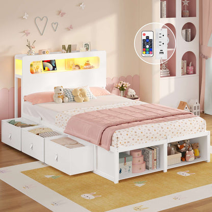 ADORNEVE Bed Frame Twin Size with 6 Storage Drawers and 2-Tier LED Headboard Kids Bed with Power Outlets and 2 Footboard Cubbies