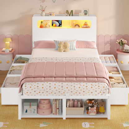 ADORNEVE Bed Frame Twin Size with 6 Storage Drawers and 2-Tier LED Headboard Kids Bed with Power Outlets and 2 Footboard Cubbies