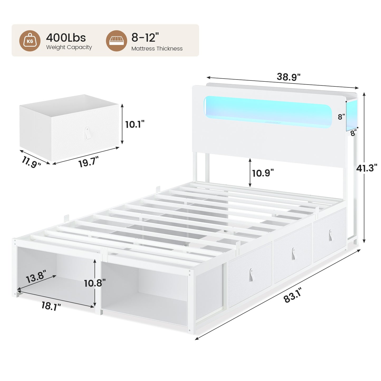 ADORNEVE Bed Frame Twin Size with 6 Storage Drawers and 2-Tier LED Headboard Kids Bed with Power Outlets and 2 Footboard Cubbies