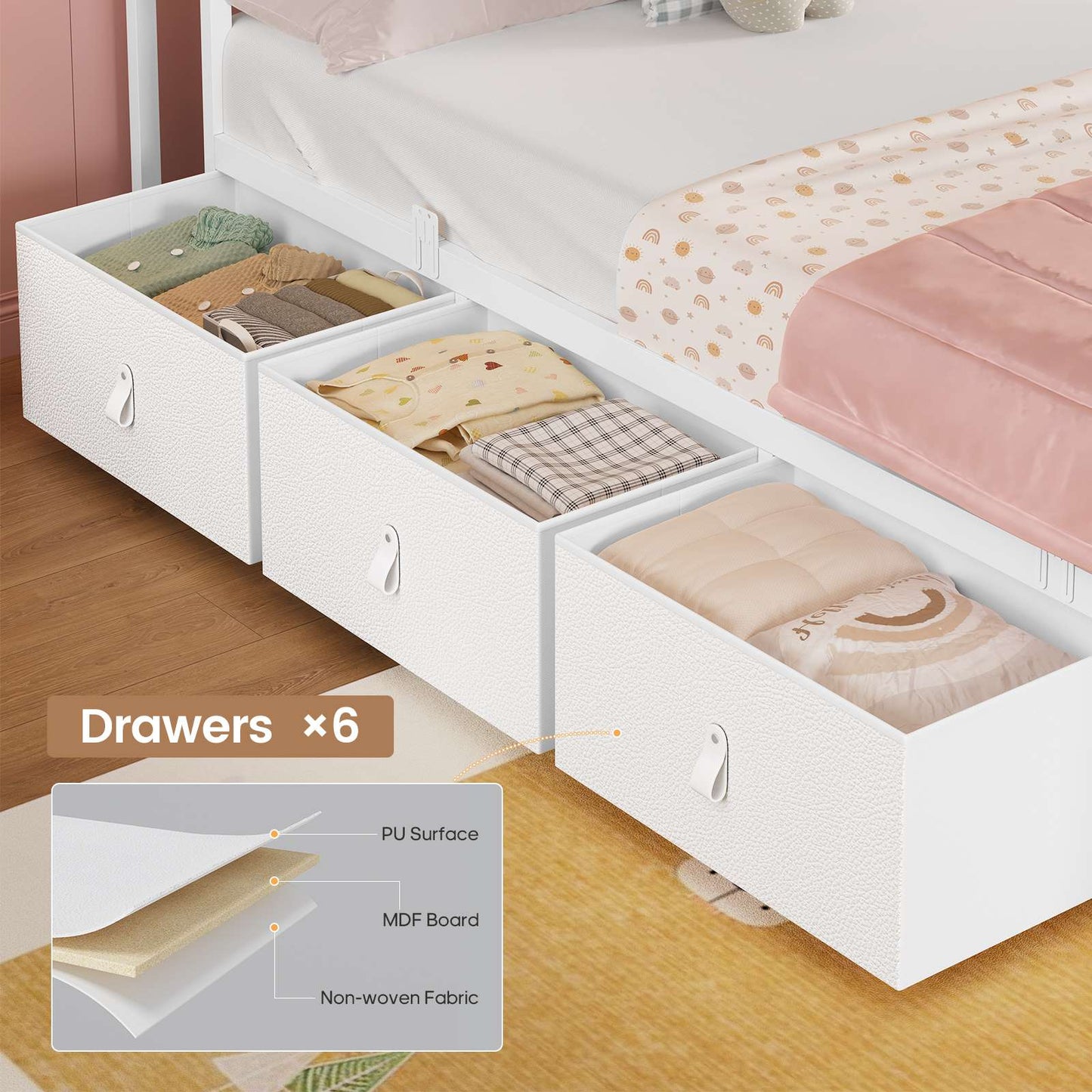 ADORNEVE Bed Frame Twin Size with 6 Storage Drawers and 2-Tier LED Headboard Kids Bed with Power Outlets and 2 Footboard Cubbies