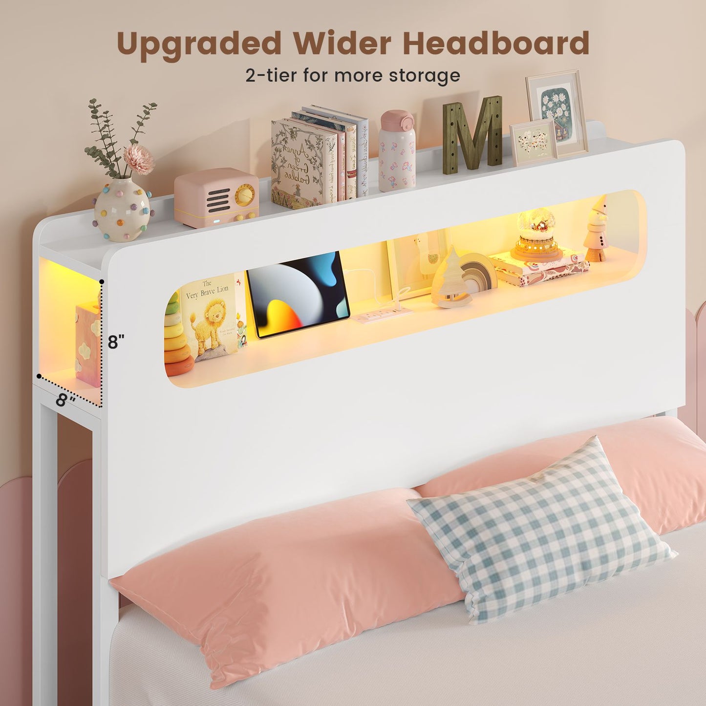 ADORNEVE Bed Frame Twin Size with 6 Storage Drawers and 2-Tier LED Headboard Kids Bed with Power Outlets and 2 Footboard Cubbies