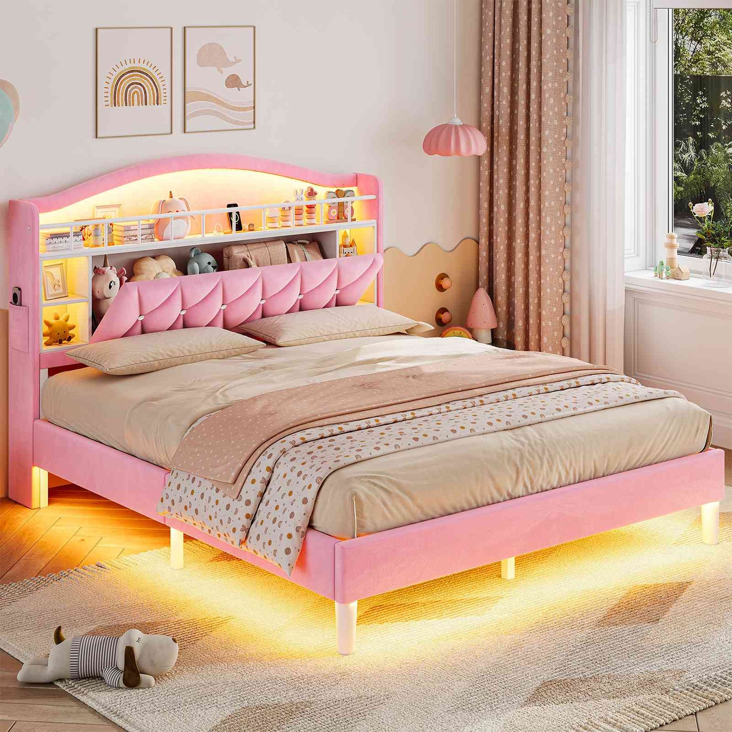 ADORNEVE Queen Bed Frame Headboard with Charging Station and Guardrail Crystal Button Girls Velvet Upholstered Platform Bed with LED Lights