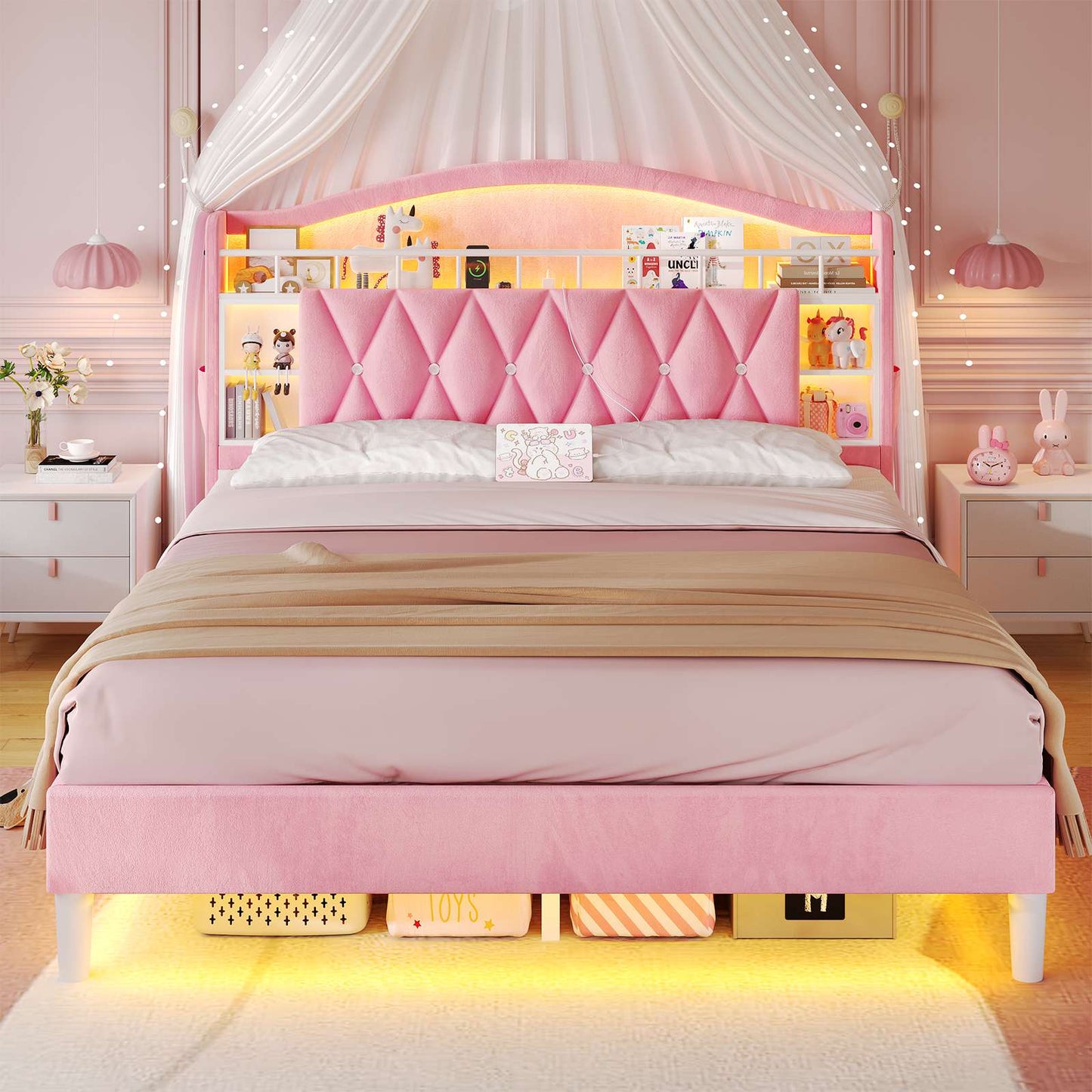 ADORNEVE Queen Bed Frame Headboard with Charging Station and Guardrail Crystal Button Girls Velvet Upholstered Platform Bed with LED Lights