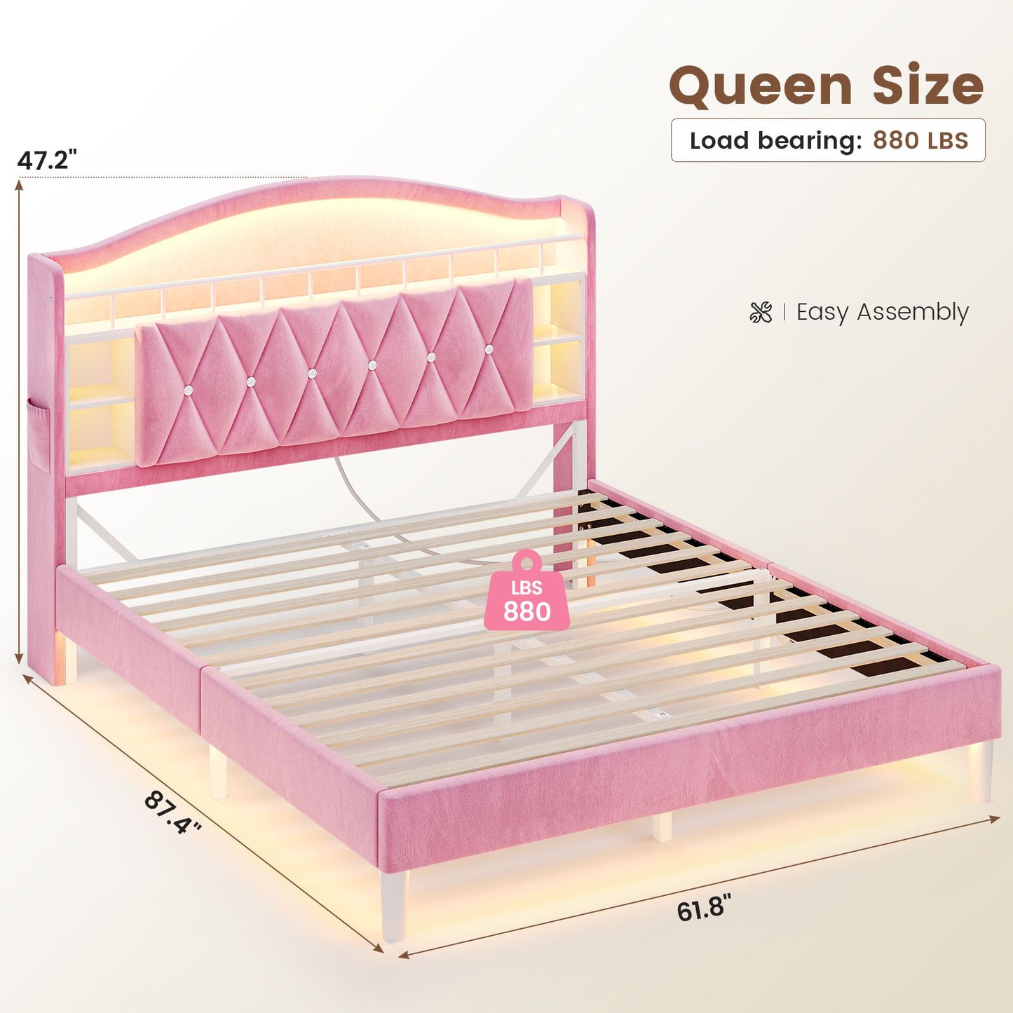 ADORNEVE Queen Bed Frame Headboard with Charging Station and Guardrail Crystal Button Girls Velvet Upholstered Platform Bed with LED Lights