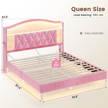 ADORNEVE Queen Bed Frame Headboard with Charging Station and Guardrail Crystal Button Girls Velvet Upholstered Platform Bed with LED Lights