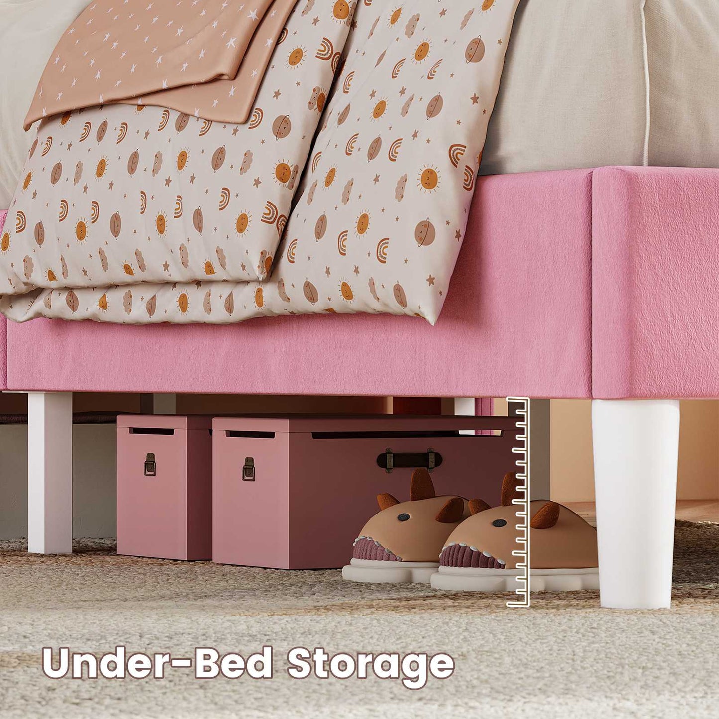 ADORNEVE Queen Bed Frame Headboard with Charging Station and Guardrail Crystal Button Girls Velvet Upholstered Platform Bed with LED Lights