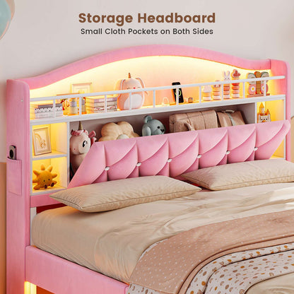 ADORNEVE Queen Bed Frame Headboard with Charging Station and Guardrail Crystal Button Girls Velvet Upholstered Platform Bed with LED Lights