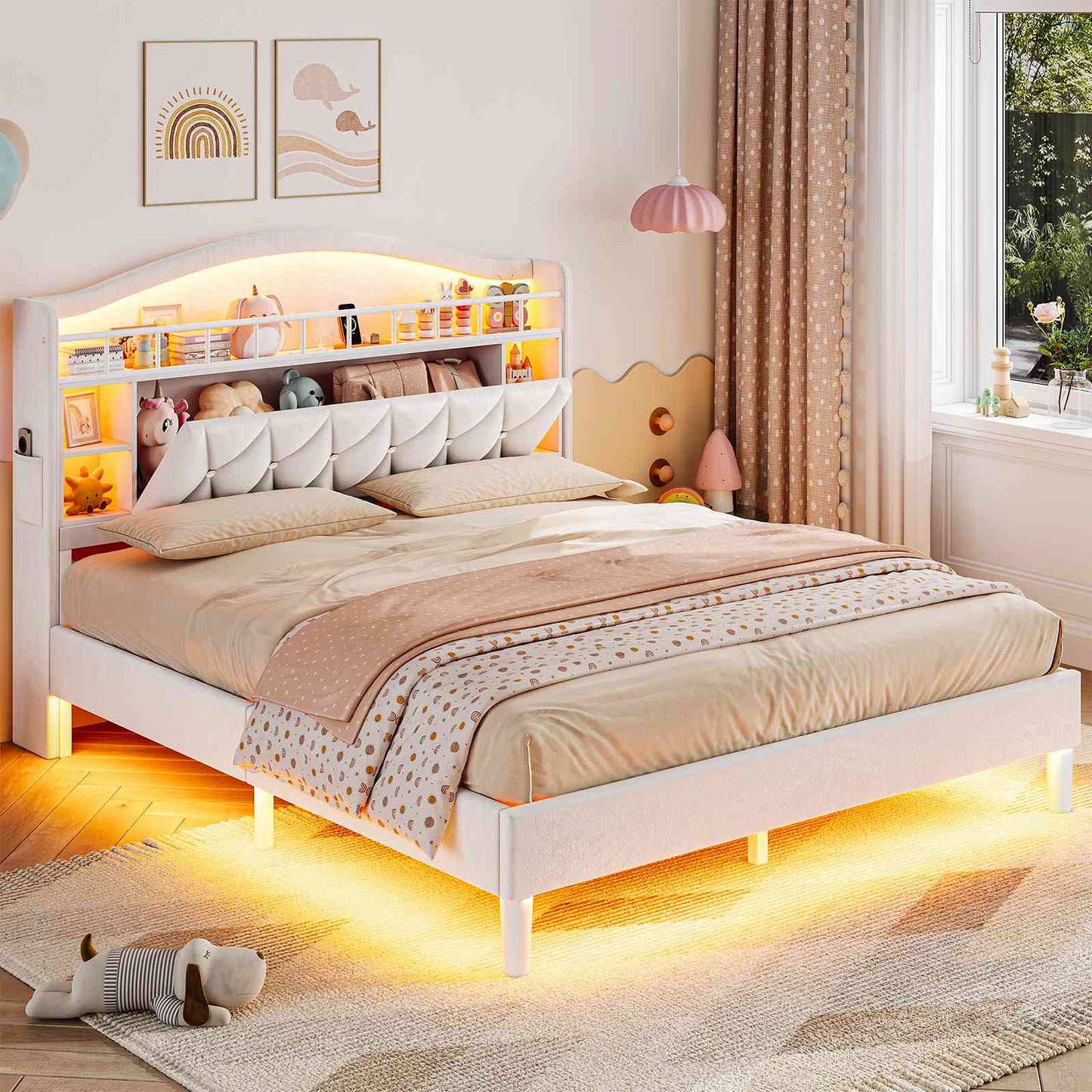 ADORNEVE Queen Bed Frame Headboard with Charging Station and Guardrail Crystal Button Girls Velvet Upholstered Platform Bed with LED Lights
