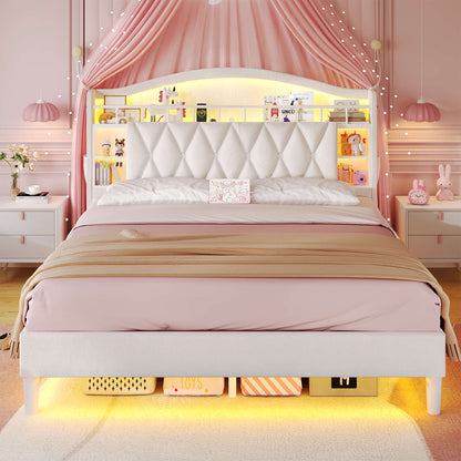 ADORNEVE Queen Bed Frame Headboard with Charging Station and Guardrail Crystal Button Girls Velvet Upholstered Platform Bed with LED Lights