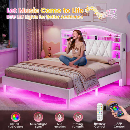 ADORNEVE Queen Bed Frame Headboard with Charging Station and Guardrail Crystal Button Girls Velvet Upholstered Platform Bed with LED Lights