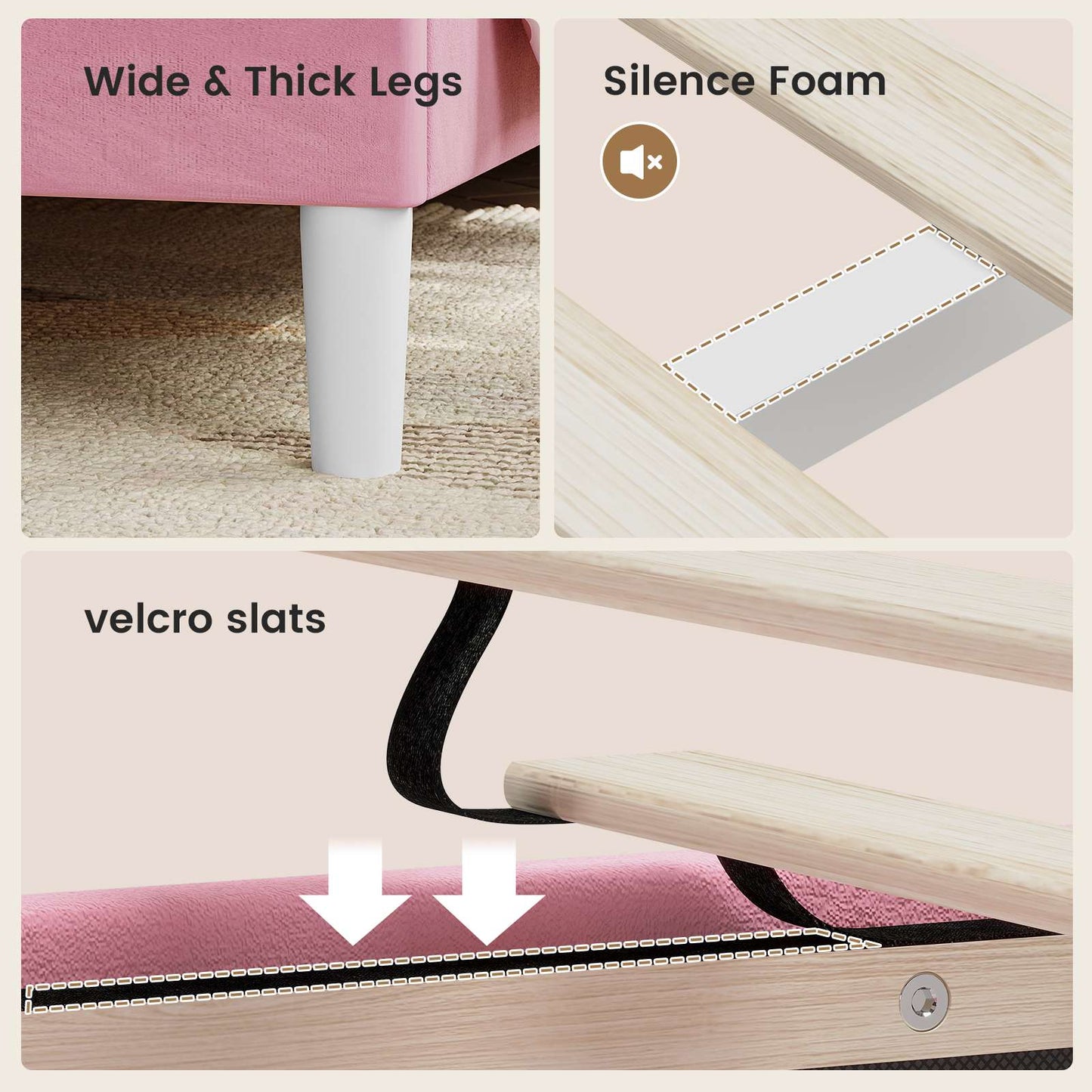 ADORNEVE Bed Frame Twin Size with LED Lights Girls Velvet Upholstered Platform Bed Headboard with Charging Station and Guardrail Crystal Button