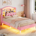 ADORNEVE Bed Frame Twin Size with LED Lights Girls Velvet Upholstered Platform Bed Headboard with Charging Station and Guardrail Crystal Button