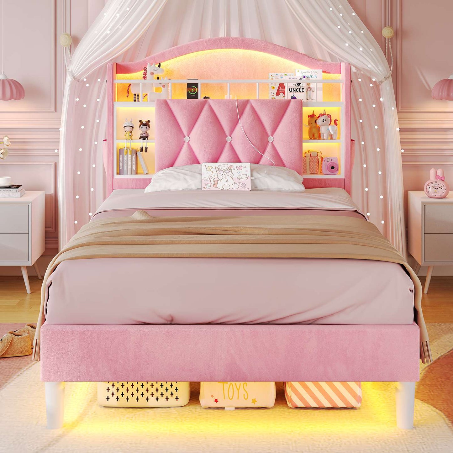 ADORNEVE Bed Frame Twin Size with LED Lights Girls Velvet Upholstered Platform Bed Headboard with Charging Station and Guardrail Crystal Button