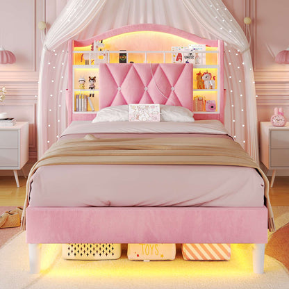 ADORNEVE Bed Frame Twin Size with LED Lights Girls Velvet Upholstered Platform Bed Headboard with Charging Station and Guardrail Crystal Button