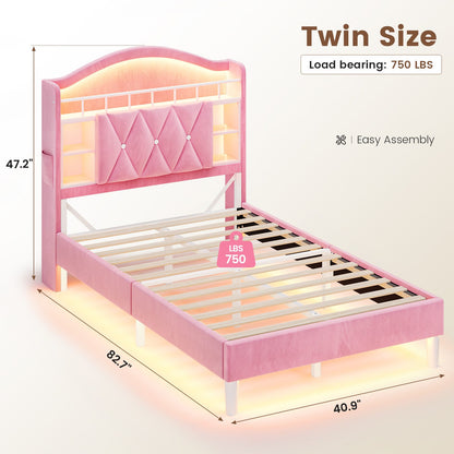 ADORNEVE Bed Frame Twin Size with LED Lights Girls Velvet Upholstered Platform Bed Headboard with Charging Station and Guardrail Crystal Button