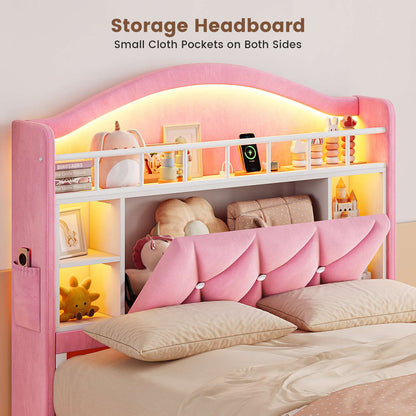 ADORNEVE Bed Frame Twin Size with LED Lights Girls Velvet Upholstered Platform Bed Headboard with Charging Station and Guardrail Crystal Button
