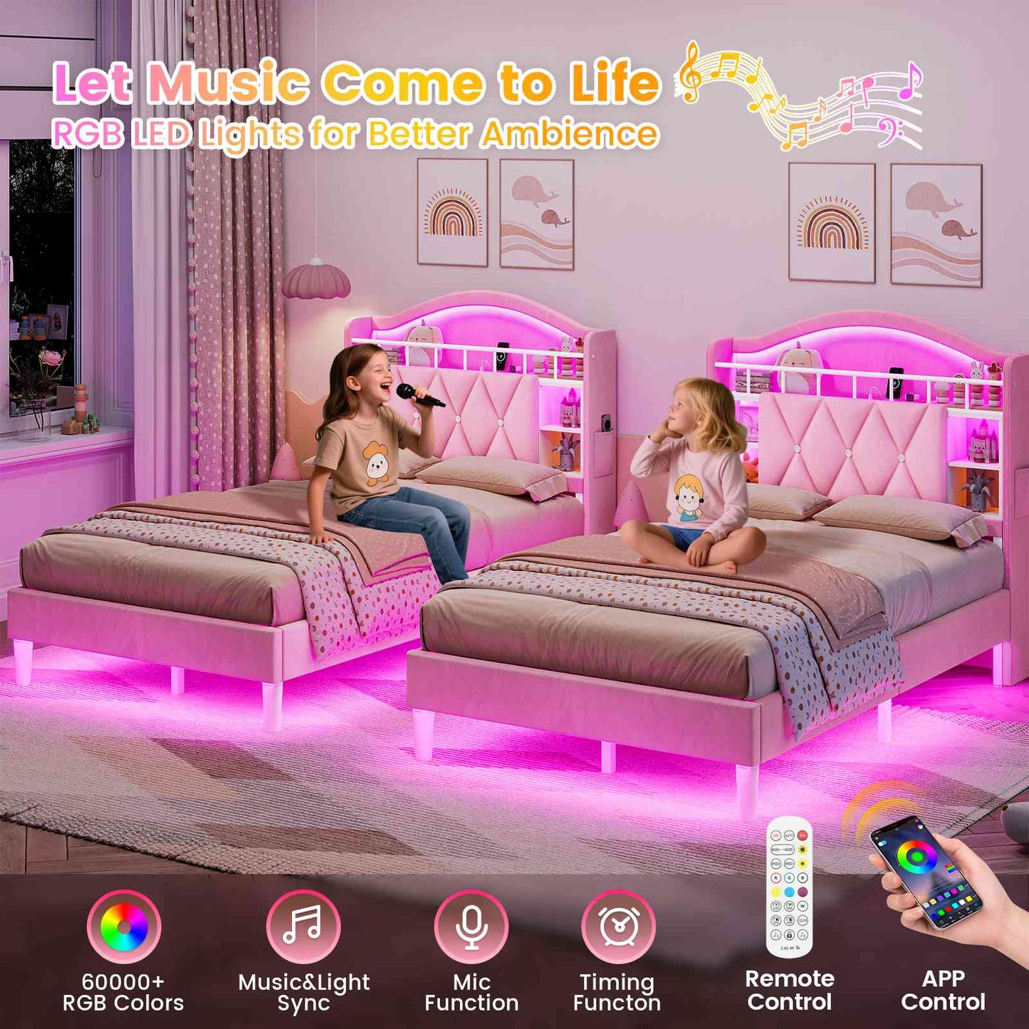 ADORNEVE Bed Frame Twin Size with LED Lights Girls Velvet Upholstered Platform Bed Headboard with Charging Station and Guardrail Crystal Button