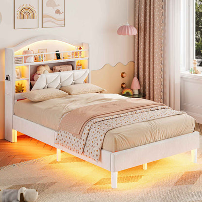 ADORNEVE Bed Frame Twin Size with LED Lights Girls Velvet Upholstered Platform Bed Headboard with Charging Station and Guardrail Crystal Button
