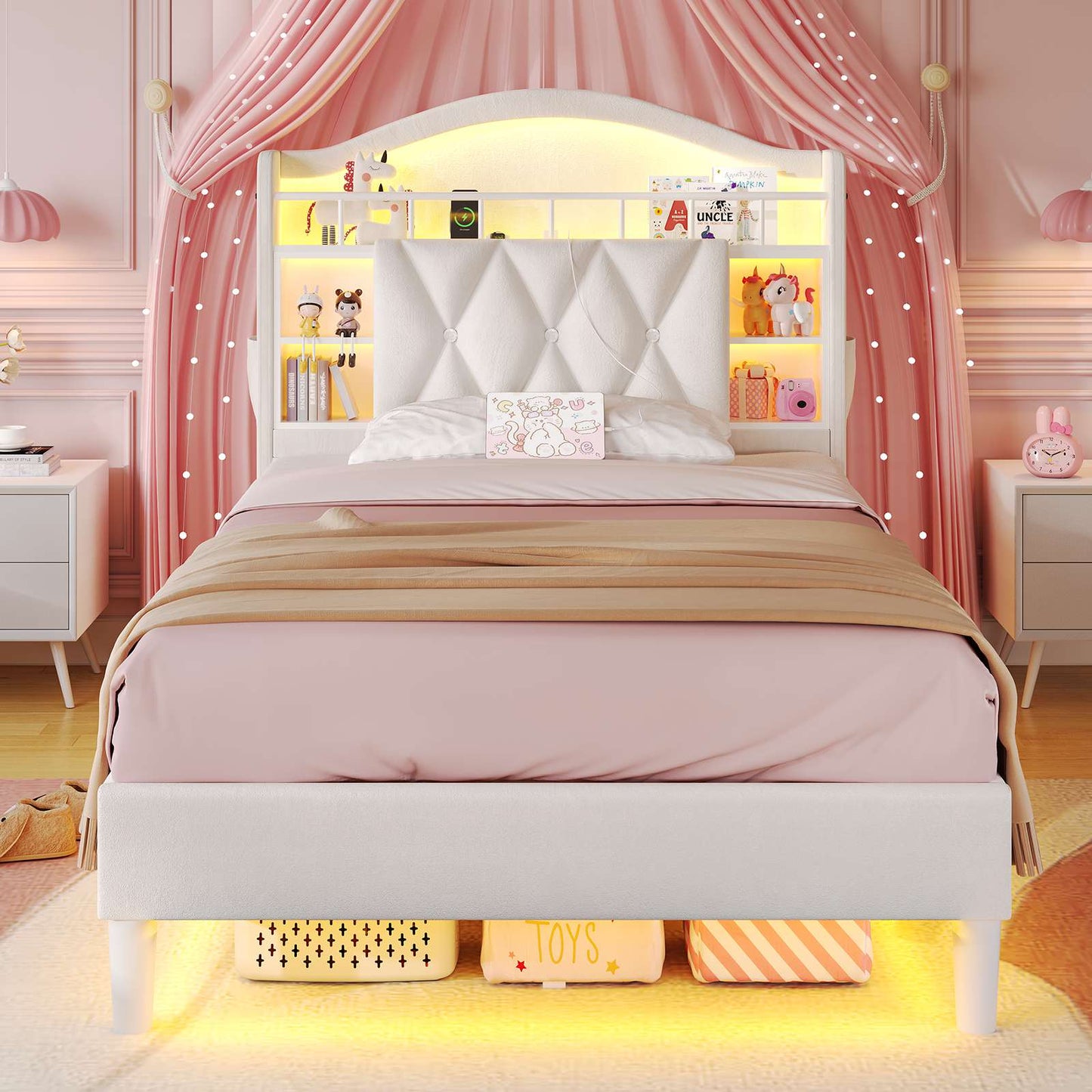 ADORNEVE Bed Frame Twin Size with LED Lights Girls Velvet Upholstered Platform Bed Headboard with Charging Station and Guardrail Crystal Button