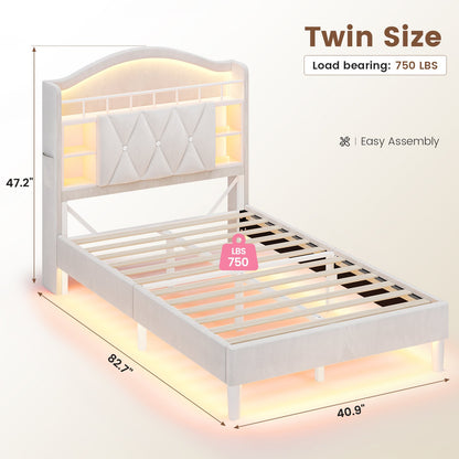 ADORNEVE Bed Frame Twin Size with LED Lights Girls Velvet Upholstered Platform Bed Headboard with Charging Station and Guardrail Crystal Button